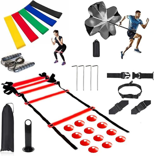 Speed Training Equipment Set, 12 rungs Agility Ladder, 12 Soccer Cones, Jump Rope, Running Parachute, Resistance Bands, Basketball Football Soccer Training Equipment for Kids Youth Adults.