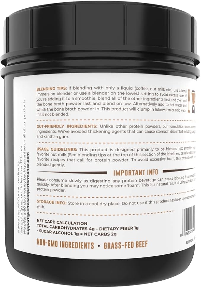 16oz Chocolate Bone Broth Protein Powder From Grass Fed Beef - Non-GMO Ingredients, Gut-Friendly, Low Carb Dairy Free Protein Powder - Natural Collagen Source For Joint Support - Keto Friendly