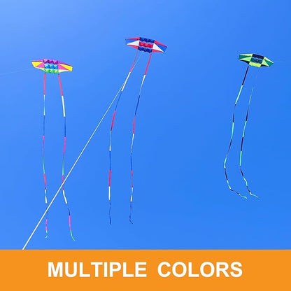 Beach Kites for Adults Large with Long Tail, 98 inches Super Easy Flyer 3D Rainbow Box Kites, Comes with Two 49 Feet Multi Colors Tails, 300 ft Kite String & Handle