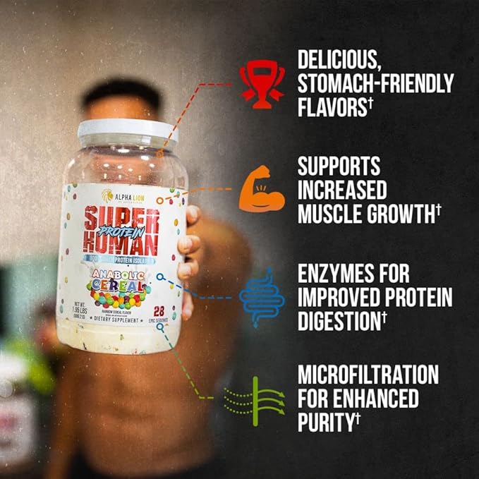 ALPHA LION Superhuman Whey Protein Powder, Great Tasting Pure Isolate, Low Carb, Sugar, No Bloat Post Workout, Muscle Recovery & Growth (28 Servings, Anabolic Cereal) 31.2175 Ounce