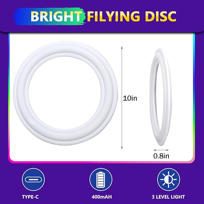 Amarlozn Light up Flying Ring Disc Toy for Kids Adults, 10" Rechargeable 12 Dynamic Modes Glow in The Dark Flying Ring, Led Flashing Beach Sport Disc, Outdoor Park Yard Night Camping, Toss Catch Game