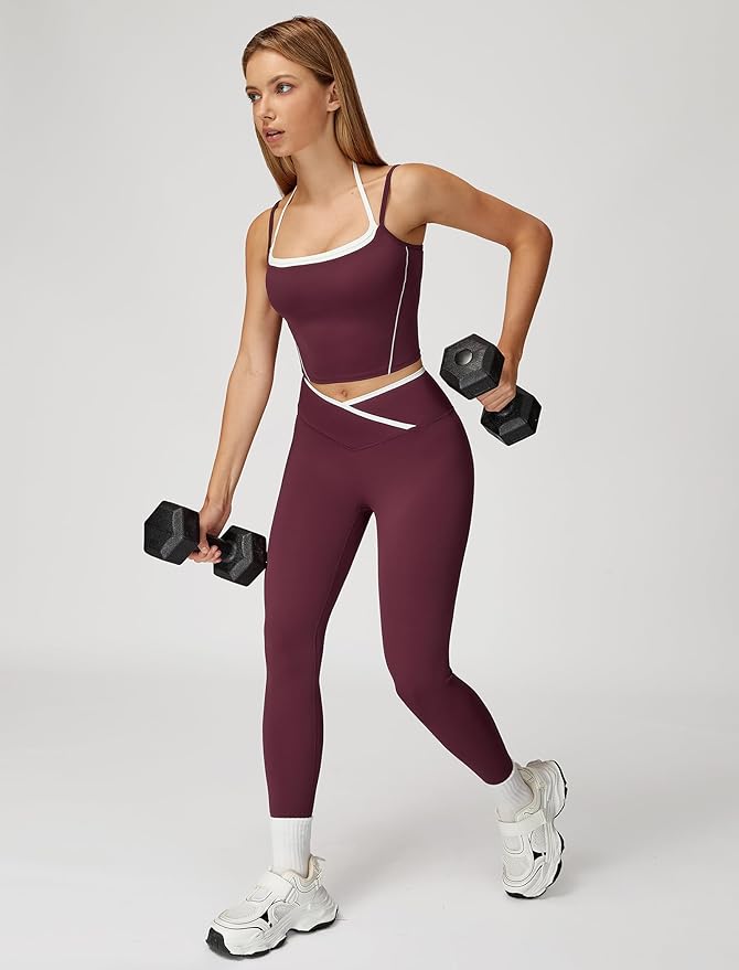 ABOCIW Workout Sets for Women 2 Piece Color Block Strappy Sports Bra High Waist Leggings Gym Yoga Pilates Outfits