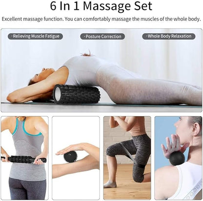 6 in 1 Foam Roller Set Includes Hollow Core Massage Roller, Yoga Stick, Massage Ball, Fitness Stretching Strap, Carrying Bag, Towel, Massage Roller (Black)