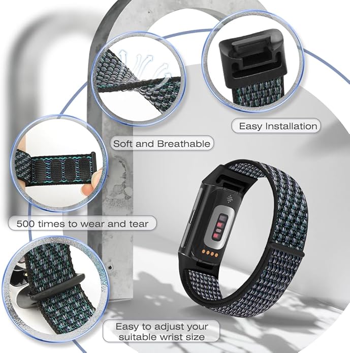 Sport Loop Nylon Watch Bands Compatible with Fitbit Charge 6/5, Adjustable Breathable Replacement Soft Nylon Loop Wristband for Women/Men
