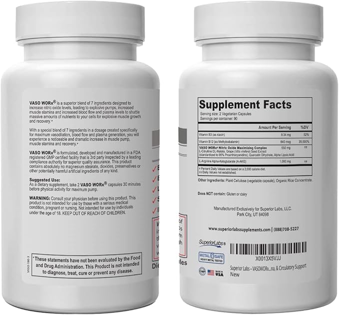 Superior Labs VASOWORx Nitric Oxide Booster 1600mg, Pure Non-GMO, Extra-Strength L-Arginine & L-Citrulline Blend, Supports Energy, Endurance, Muscle Pump & Healthy Circulation, 180 Veg Caps