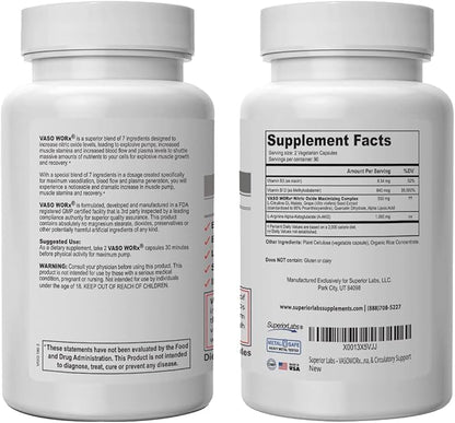 Superior Labs VASOWORx Nitric Oxide Booster 1600mg, Pure Non-GMO, Extra-Strength L-Arginine & L-Citrulline Blend, Supports Energy, Endurance, Muscle Pump & Healthy Circulation, 180 Veg Caps