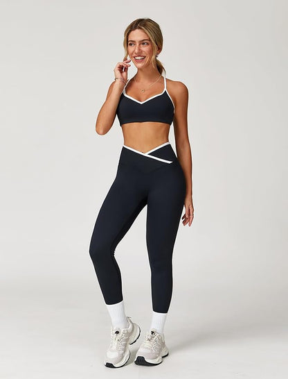 ABOCIW Workout Sets for Women 2 Piece Color Block Strappy Sports Bra High Waist Leggings Gym Yoga Pilates Outfits