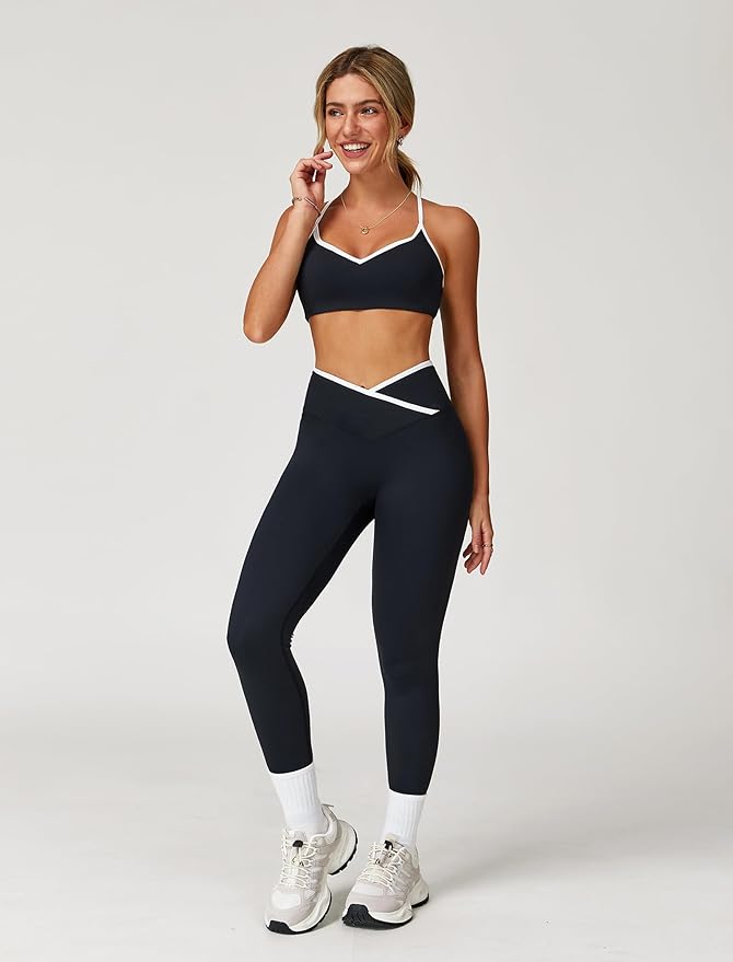 ABOCIW Workout Sets for Women 2 Piece Color Block Strappy Sports Bra High Waist Leggings Gym Yoga Pilates Outfits