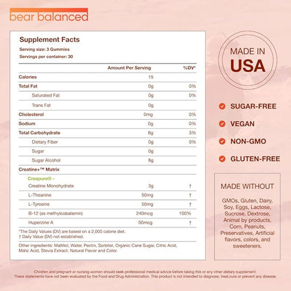 Creatine Gummies for Men & Women - Creapure® Creatine Monohydrate, L-Theanine, L-Tyrosine & B12 for Muscle Growth, Strength, Focus, Energy & Health - Low Calorie, Sugar-Free, & Vegan