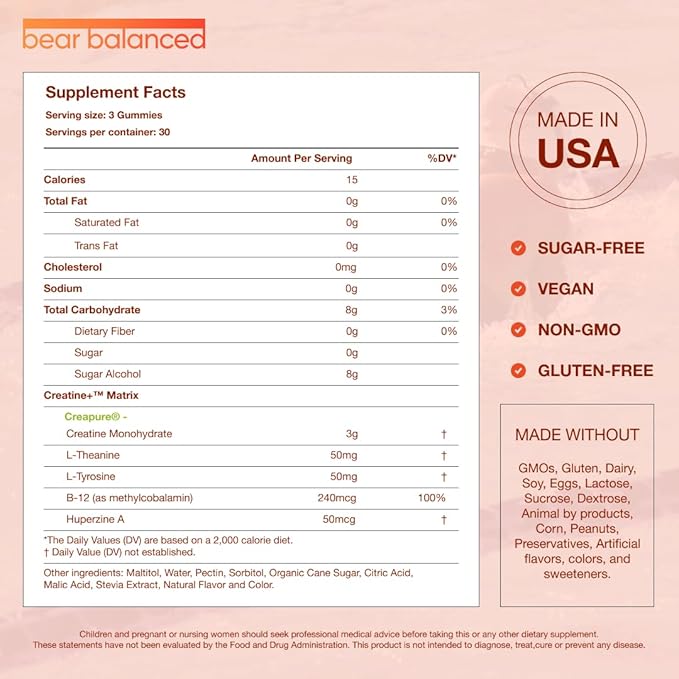 Creatine Gummies for Men & Women - Creatine Monohydrate, L-Theanine, L-Tyrosine & B12 for Muscle Growth, Strength, and Focus, Peach Mango, 3 Pack