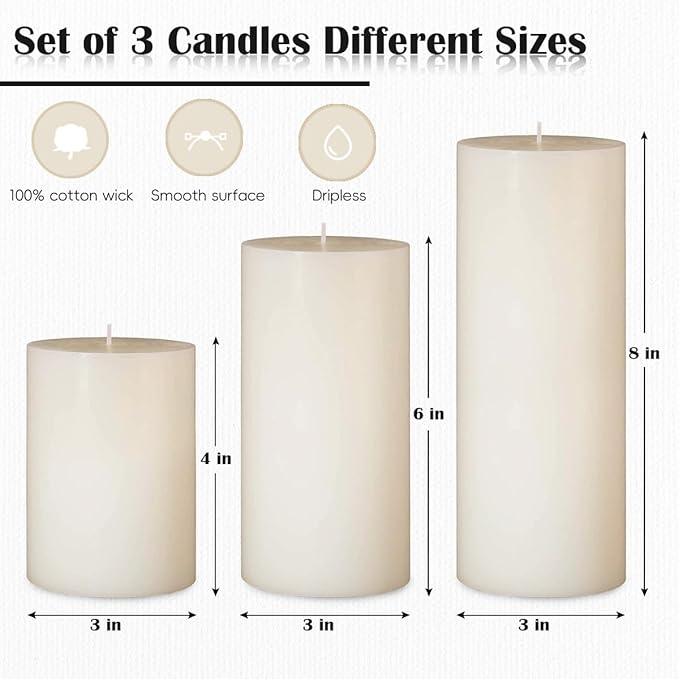 3 Packs Different Sizes Ivory Pillar Candles, Non-Toxic Unscented Dripless Smokeless 3x4, 3x6, 3x8 Inch Plain Cylinder Candles for Wedding, Home Decor, Dinner Table, Party, Power Outage, Emergency