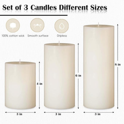 3 Packs Different Sizes Ivory Pillar Candles, Non-Toxic Unscented Dripless Smokeless 3x4, 3x6, 3x8 Inch Plain Cylinder Candles for Wedding, Home Decor, Dinner Table, Party, Power Outage, Emergency