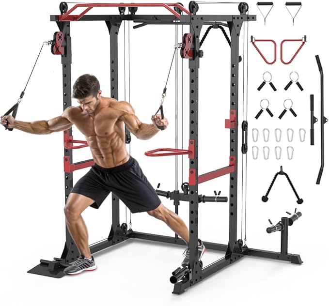Fitness Reality Power Cage Squat Rack with Optional LAT Pulldown, Cable Crossover, 800 lb Capacity, Multi-Grip Pull-Up Bar, Adjustable Safety Bars, Strength Training for Home Gym