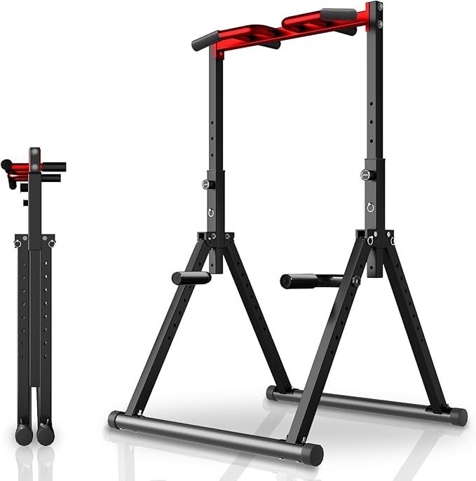 Power Tower Pull Up Dip Station Foldable, Pull Up Bar Station Adjustable, Multi-Function Home Gym, Strength Training Fitness Equipment, Triangular Design, for Home Outdoor