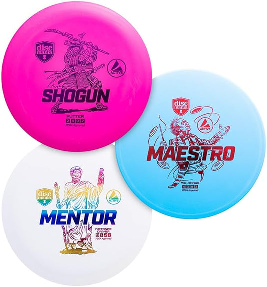 Discmania Disc Golf Starter Set (3 Pack) | Active Line Disc Golf Set for Beginners | Shogun, Maestro & Mentor | Base Plastic, Easy to Throw | Ideal Gift for New Players (Colors May Vary)