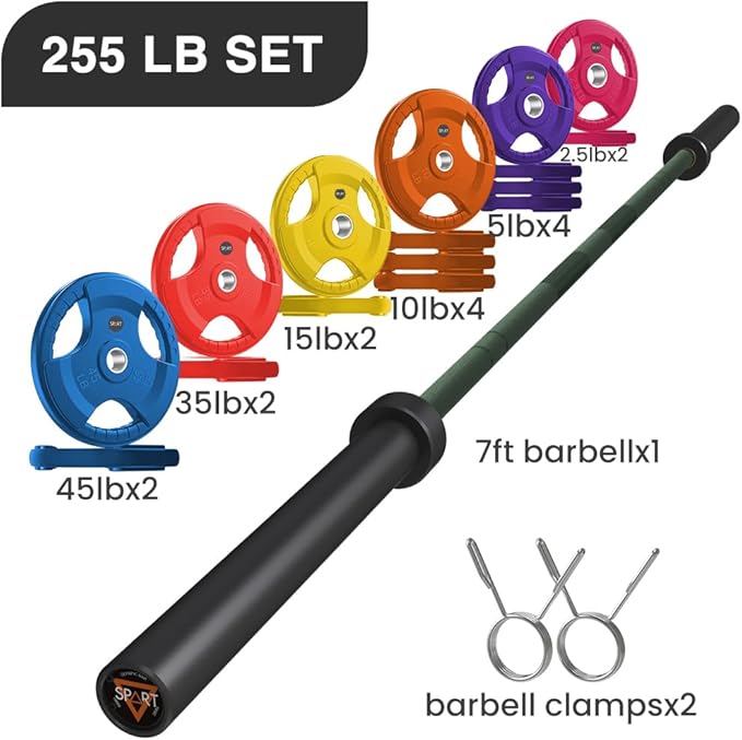 7FT Olympic Barbell Bar with Weight Plate Set Combo, Solid Olympic Bar with Bearings, 700Lbs Capacity Weight Bar for Home Gym Strength Training, Weightlifting, Powerlifting, Fit for 2" Olympic Plates