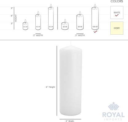 Royal Imports Pillar Candles White Unscented Premium Wax, 100 Hours Burning for Wedding, Spa, Party, Birthday, Holiday, Bath, Home Decor - 3"x9" Inch - Set of 6