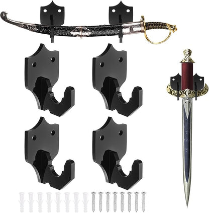 uxcell 4 Pcs Sword Holder Wall Mount Sword Racks Acrylic Wall Sword Display Hanger with Mounting Tools for Knife Martial Arts Sword Placement Display, Black(Shield)