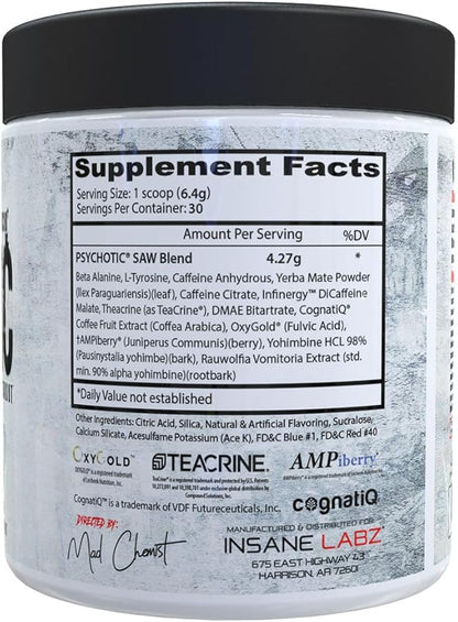 Insane Labz Psychotic Saw®, High Stim Pre Workout Powder with OxyGold­??and AMPiberry®, Extreme Lasting Energy with Teacrine®, Focus with CognitIQ® and Endurance with Beta Alanine, 30 Srvgs, Grape