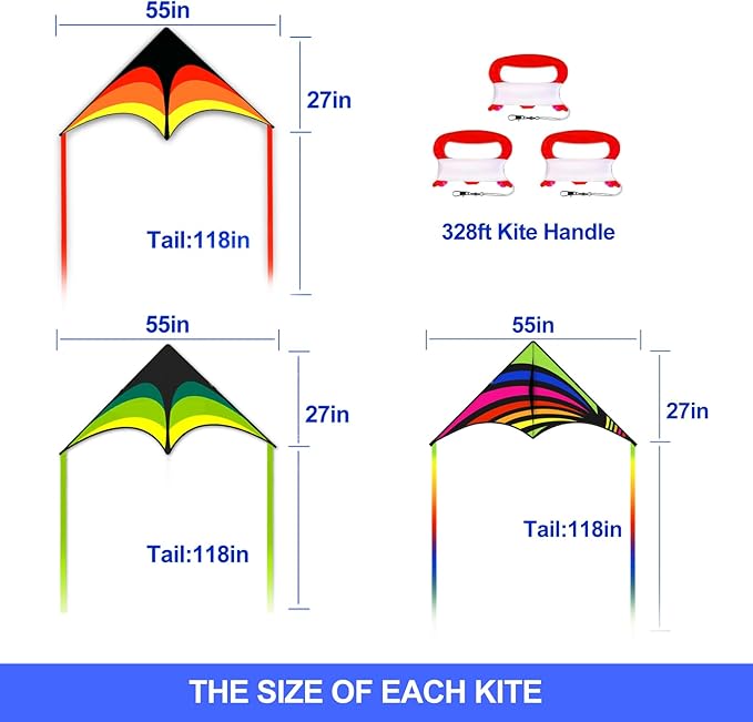 3 Pack Delta Kite Set for Adults and Kids, Single Line Beach Kites for Boys & Girls, Three Handle with String Included