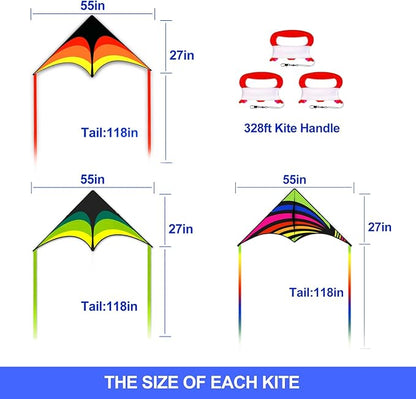 3 Pack Delta Kite Set for Adults and Kids, Single Line Beach Kites for Boys & Girls, Three Handle with String Included