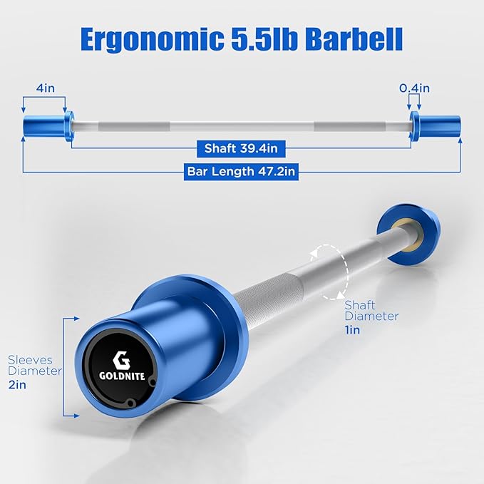 5.5LB Mini Barbell Bar 4Ft for Beginners Women & Kids-100LB Capacity Lightweight Weightlifting Bar- Multi-Color for 2-Inch Weight Plates Total Body Workout Strength Training Home Gym