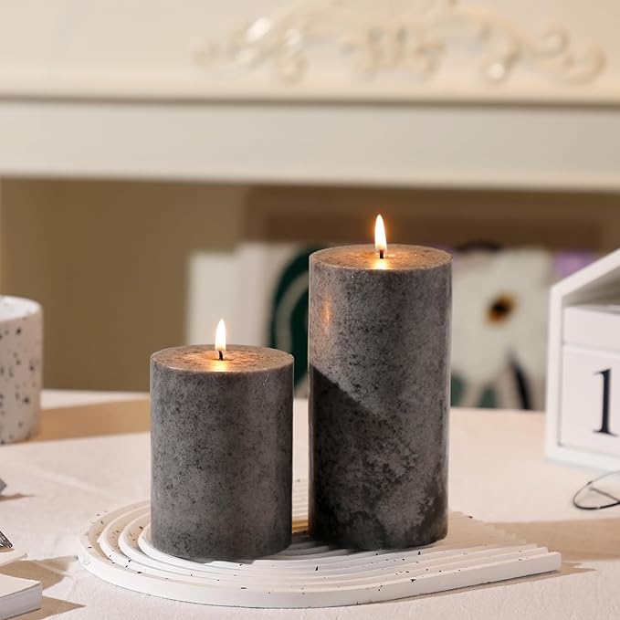 3x6 inch Grey Pillar Candles Set of 3, Unscented Pillar Candle, Dripless and Smokeless Large Candles, Candle for Home Decor, Dinner Table,Weddings, Holidays