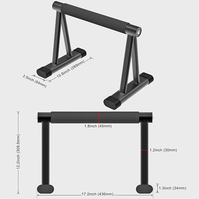 Dolibest Push Up Bar, 12'' High Parallettes Bars with 8 Rubber Feet & Comfortable Handle, Dip Bars with Stable Triangle Base for Calisthenics, Handstand, Gym & Home Exercise, Easy Assembly (600LB)