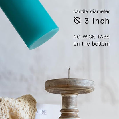 MOZEAL 3" x 6" Hand-Poured Unscented Turquoise Pillar Candles,Dripless Candles Set of 3,Long Lasting Burning,Approx 100 Hours Burn Time for Wedding,Dinner,Christmas and Home Decor