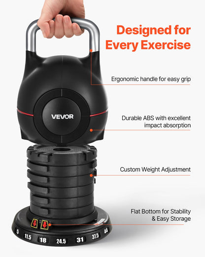 VEVOR Kettlebell, Adjustable Kettlebell with 7 Weight Levels (5, 11.5, 18, 24.5, 31, 37.5, 44 lbs)