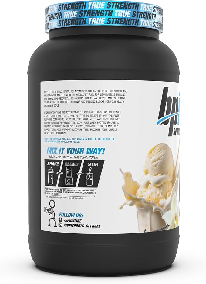 BPI Sports Hydro HD - 100% Hydrolyzed Whey Protein Powder - Muscle Growth, Recovery, 25g of Hydrolyzed Protein, Low Carb, Low Sugar, Fast Absorbing (23 Servings, Vanilla Ice Cream)