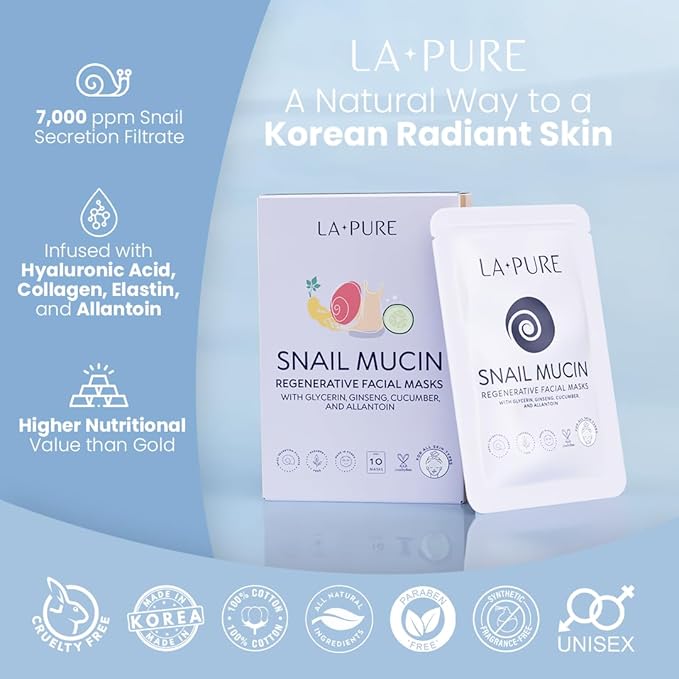 Snail Mucin Mask ??10ct Korean Sheet Mask Pack for Signs of Aging, Aid Skin Repair & Hydration ??Pure Snail Mask for Face with Collagen & Hyaluronic Acid ??Cruelty-Free Hydrating Sheet Mask