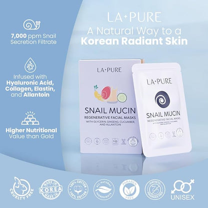 Snail Mucin Mask ??10ct Korean Sheet Mask Pack for Signs of Aging, Aid Skin Repair & Hydration ??Pure Snail Mask for Face with Collagen & Hyaluronic Acid ??Cruelty-Free Hydrating Sheet Mask