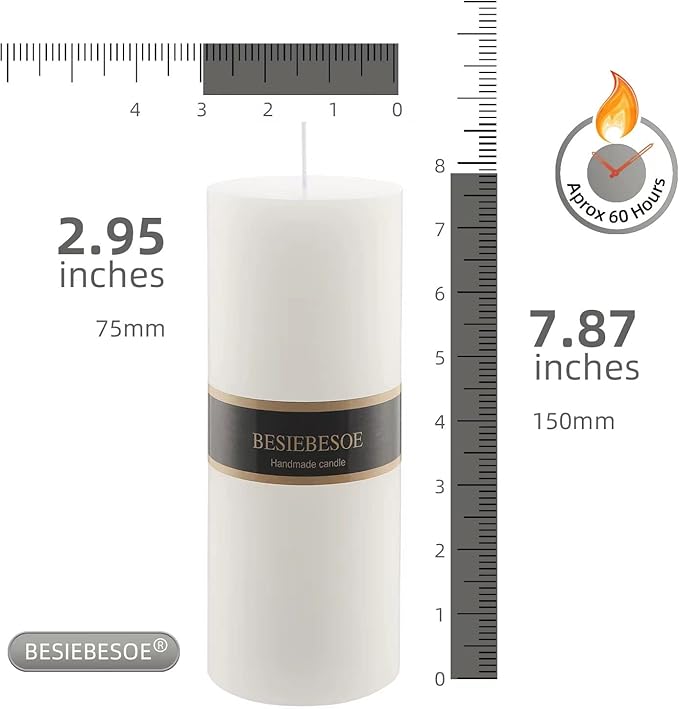 3X 8 White Pillar Candles Set of 6 Unscented Handpoured Weddings, Home Decoration, Restaurants, Spa, Church Smokeless Cotton Wick 360 Hour