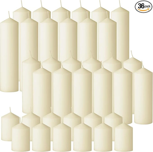 36PC Lvory Pillar Candles Bulk 2 in x 3, 6, 8 Inch Long Burning Wax Pillar Candles Unscented Smokeless Dripless for Wedding Centerpieces Spa Lantern Fireplace Home Festival Fall Party Decor