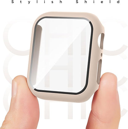 Compatible for Apple Watch Band 44mm 45mm and Case with Screen Protector, Soft Silicone Sport Strap Bands and Protective Cover with Tempered Glass for iWatch Series 9 8 7 SE 6 5 4