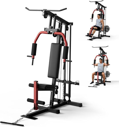 Full Body Workout Station with LAT Pulldown, Chest Press, Leg Extension, Seated Row | Compact Home Gym Equipment for Small Spaces | 300LB Capacity | Fits 1"& 2" Plates (Weights Not Included)