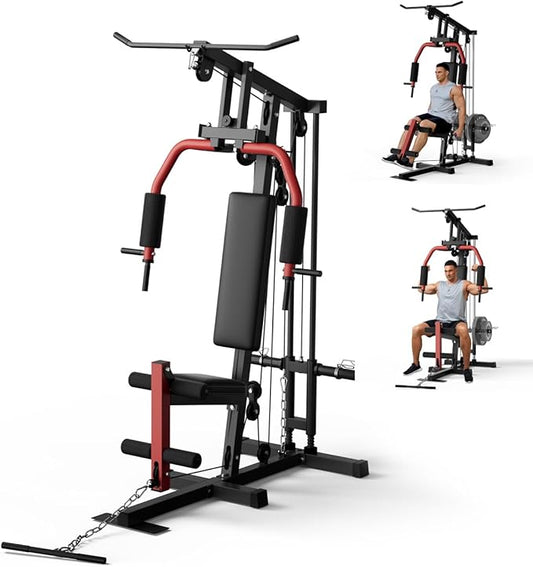 Full Body Workout Station with LAT Pulldown, Chest Press, Leg Extension, Seated Row | Compact Home Gym Equipment for Small Spaces | 300LB Capacity | Fits 1"& 2" Plates (Weights Not Included)