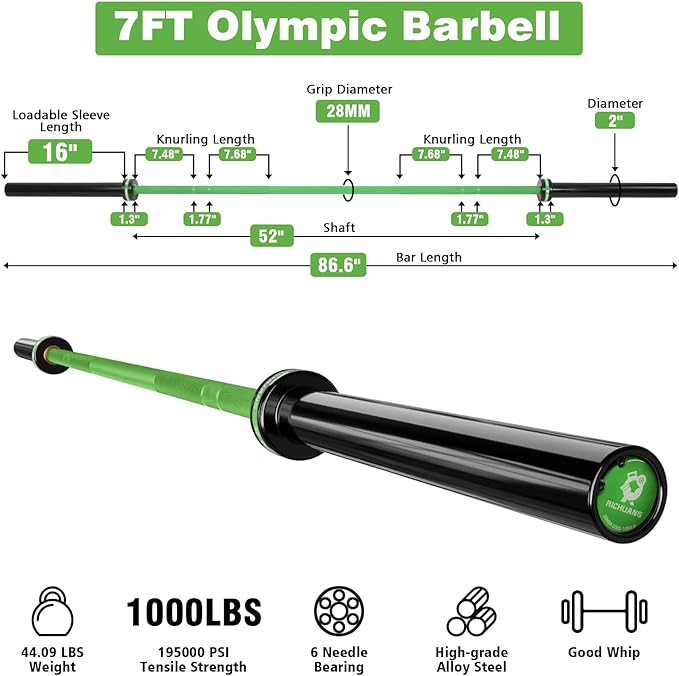 7ft Olympic Barbell, Weightlifting Barbell 28mm 45lb - 500/700/1000lbs Capacity with Smooth Spinning Sleeves, Olympic Bar Fits 2" Olympic Plates, for Snatch Clean Jerk - Home Gym Training
