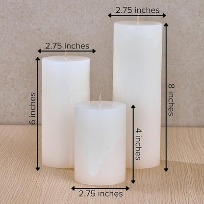 Simply Soson 3x4, 3x6, 3x8 inch White Pillar Candles, Set of 3 Pillar Candles, Rustic Texture, Unscented White Candles, Dripless Candles, Ideal as Wedding, Parties, Spa, Dinner, Home Decor, Church