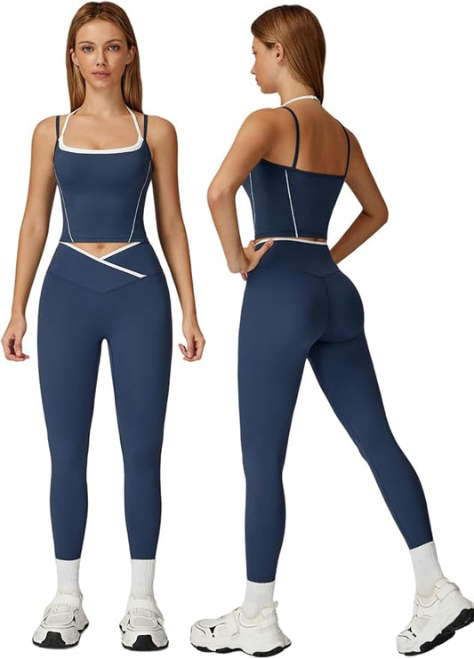 ABOCIW Workout Sets for Women 2 Piece Color Block Strappy Sports Bra High Waist Leggings Gym Yoga Pilates Outfits