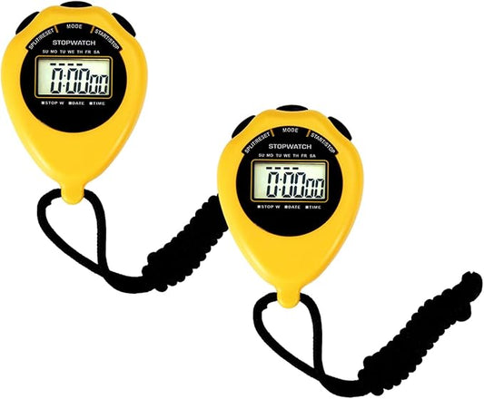 Stopwatch Sport Timer, 2 Pack Large Display Digital Stopwatch Timer with Date Time, No Alarm Silent Easy to Set Stopwatches for Sports, Coaches, Kids, Swimming and Running (Yellow)