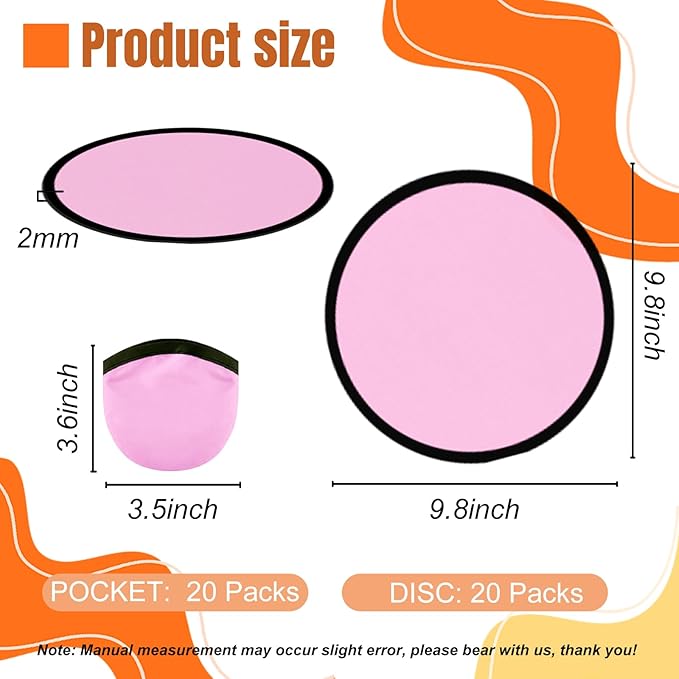 20PCS Foldable Flying Disc Fans with Bags, 9.8'' DIY Handheld Black Egde Fabric Folding Fan for Outdoor Game Activities Birthday Party Favors Gifts, Pink