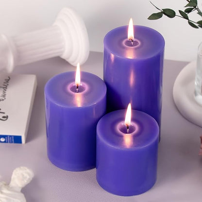KONNI Violet Pillar Candles Set of 3, 3"x 4" Unscented Pillar Candles Bulk, 39 Hours Long Burning Candles, Smokeless and Dripless Large Round Candle for Wedding, Home Decoration, Parties, Spas, Dinner