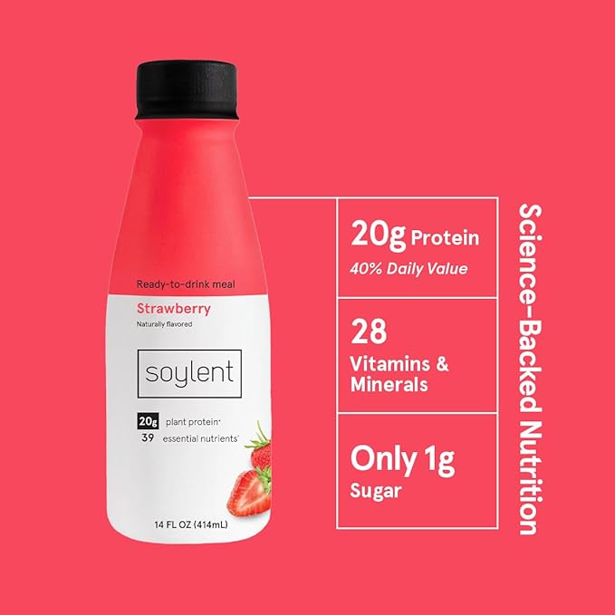 Soylent Strawberry Meal Replacement Shake, Ready-to-Drink Plant Based Protein Drink, Contains 20g Complete Vegan Protein and 1g Sugar, 14oz, 12 Pack
