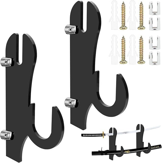TRINENOX Sword Stand, Sword Wall Mount, Sword Hook, Sword Hanger Rack, Wall Mount Sword Hook, Acrylic Samurai Sword Display Holder for Katana Tanto Genji Wakizashi Sword Hanger Rack (1 Pair Black)