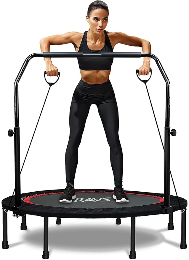 RAVS Mini Trampoline for Kids Adults 40"/48" Foldable Fitness Rebounder Kids Trampoline with 5 Levels Height Adjustable Handle Resistance Bands Indoor Workout