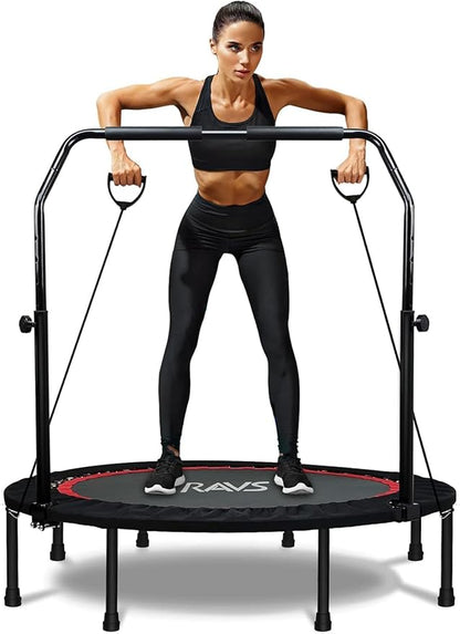 RAVS Mini Trampoline for Kids Adults 40"/48" Foldable Fitness Rebounder Kids Trampoline with 5 Levels Height Adjustable Handle Resistance Bands Indoor Workout