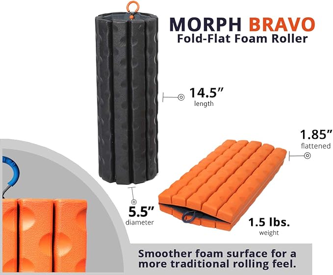 Morph Foam Roller (Bravo-Midnight) Collapsible Travel Foam Roller for Pain Relief, Workout Muscle Recovery, Back Massager, Deep Tissue Leg Massage, Back Cracker, Stretcher; Small, Portable