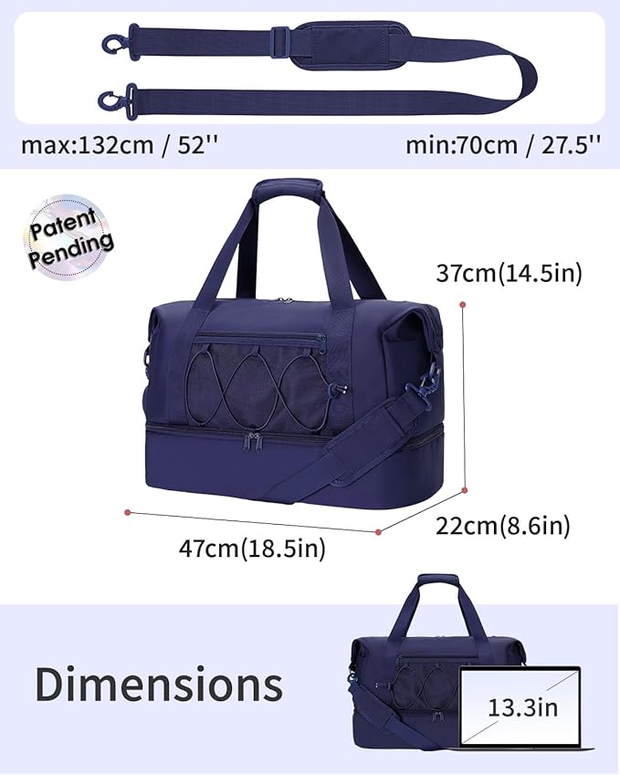 sportsnew Gym Travel Bag for Women, Large Travel Duffel with Shoe Compartment and Wet Pocket, Water Resistant Weekender Overnight Carry on Sports Tote Bags, Navy Blue, patent pending